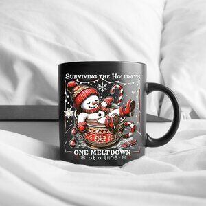 ☃️ Funny Christmas Snowman Mug – "Surviving The Holidays Meltdown" – Xmas Gift
